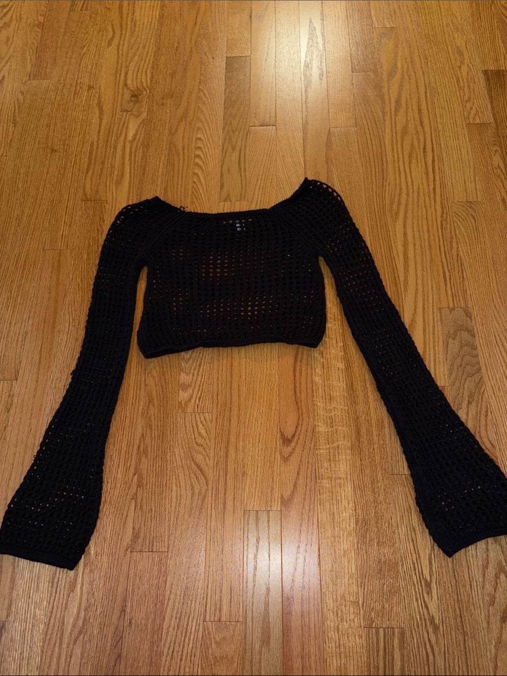 Urban Outfitters Black Cropped Crochet Long-Sleeve Top